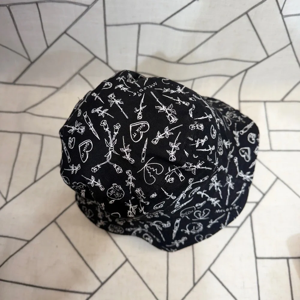 Melodie Perrault Bucket Hat OS Black‎ White Doodle Skull Rose Punk Streetwear